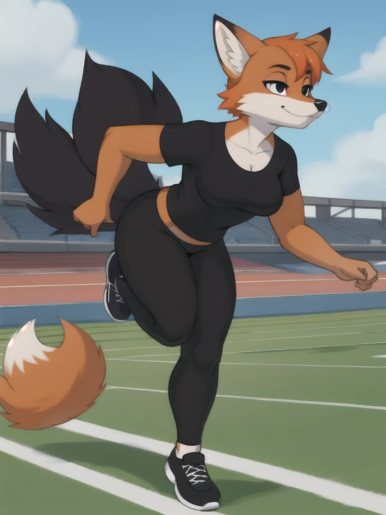 Furry, fox, female, black shirt, black leggings, shoes, running track, solo, full body