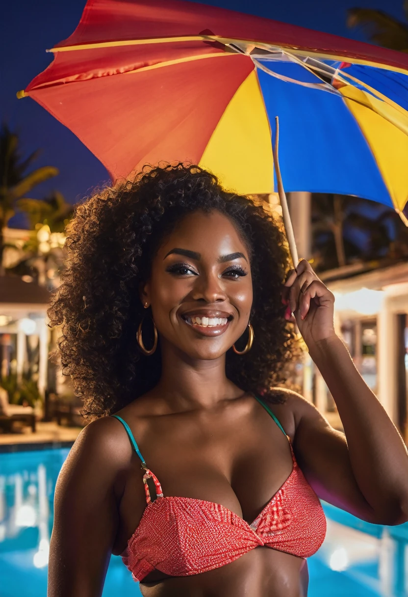 The photograph features an Afro woman with dark hair and curls that blow in the wind., forming a kind of flame against the twilight sky. Her unbridled beauty is enhanced by a sexy red mini crop top with big breasts, while at a pool bar in Miami. She proudly holds a mini flag of Colombia, whose yellow stripes, blue and red With a big smile on your face,