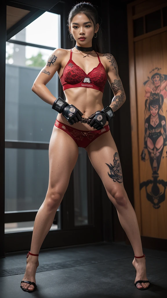 Beautiful Thai-Melanesian woman, (16 years old), Mixed Martial Arts Trainer, (Cotton bra and panties), (MMA gloves ), Fit body, (Muscle:1.2), Athletic feminine body, Female fitness model body, Private MMA octagon background, Masterpiece, Perfect lighting, Ultra high resolution, 8K, She trains men in MMA for a living, She is an exceptional MMA fighter, Hard toned feminine body,, Long ponytail, (Smiling sexy for the camera:0.7), (Very sexy pose), (Holding a large Gatling gun in her hands, Standing with a Gatling gun in her hands:1.3), (Tattoos, Japanese tattoos all over body:1.5), Red lips, Red high heels, Choker, Necklace, Earrings, (Very detailed:1.4), View from the front, Looking at the camera, Pensive expression,