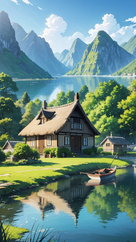 a painting of a house with a thatched roof and a boat in the water, idyllic cottage, anime countryside landscape, very beautiful scenery, detailed painting 4 k, scenery wallpaper, peaceful landscape, cottagecore!!, detailed scenery —width 672, scenery art detailed, beautiful anime scenery, cottage town, scenery artwork, anime scenery