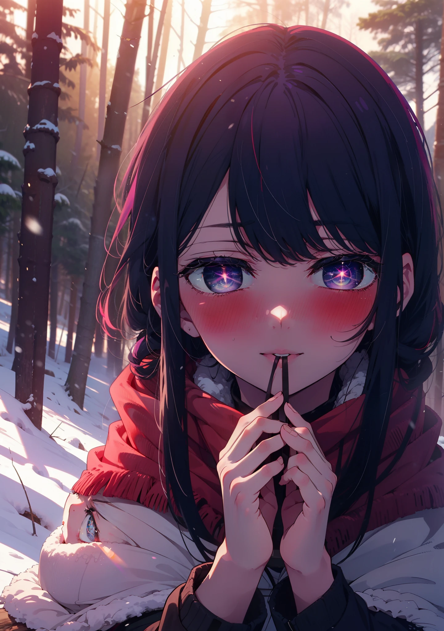 aihoshino, Ai Hoshino, Long Hair, bangs, (Purple eyes:1.1), Purple Hair, (Symbol-shaped pupil:1.5), smile,,smile,blush,white breath,
Open your mouth,snow,Ground bonfire, Outdoor, boots, snowing, From the side, wood, suitcase, Cape, Blurred, , forest, White handbag, nature,  Squat, Mouth closed, Cape, winter, Written boundary depth, Black shoes, red Cape break looking at viewer, Upper Body, whole body, break Outdoor, forest, nature, break (masterpiece:1.2), Highest quality, High resolution, unity 8k wallpaper, (shape:0.8), (Beautiful and beautiful eyes:1.6), Highly detailed face, Perfect lighting, Extremely detailed CG, (Perfect hands, Perfect Anatomy),