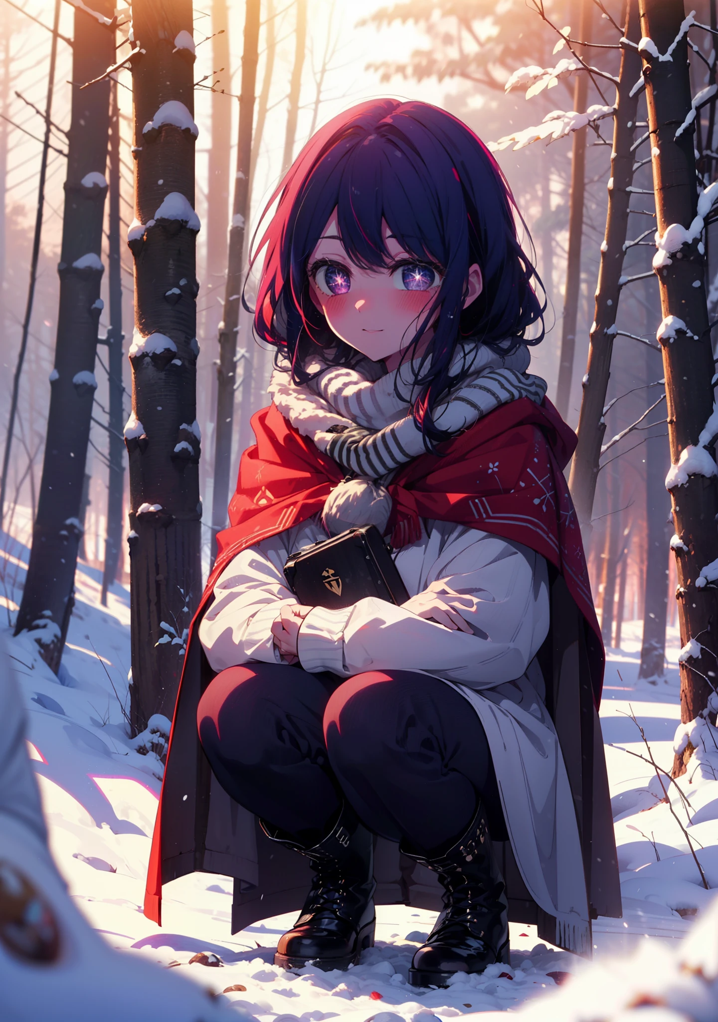 aihoshino, Ai Hoshino, Long Hair, bangs, (Purple eyes:1.1), Purple Hair, (Symbol-shaped pupil:1.5), smile,,smile,blush,white breath,
Open your mouth,snow,Ground bonfire, Outdoor, boots, snowing, From the side, wood, suitcase, Cape, Blurred, , forest, White handbag, nature, Squat, Mouth closed, Cape, winter, Written boundary depth, Black shoes, red Cape break looking at viewer, Upper Body, whole body, break Outdoor, forest, nature, break (masterpiece:1.2), Highest quality, High resolution, unity 8k wallpaper, (shape:0.8), (Beautiful and beautiful eyes:1.6), Highly detailed face, Perfect lighting, Extremely detailed CG, (Perfect hands, Perfect Anatomy),