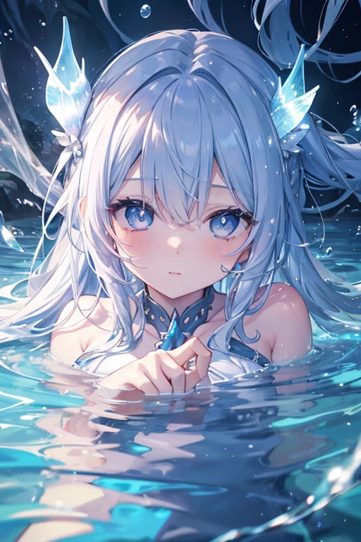 (extremely details CG、Unity、8K Wallpapers)、(extremely delicate and beautiful)、(masterpiece)、(top-quality:1.0)、(超A high resolution:1.0)、beautiful  lighting、perfect lightning bolt、realistic shadow、[hight resolution]、Detailed skin、ultra-detailliert、detailed faces and eyes、Realistic eyes、Sharp pupils、Floating in water、take a nap in the water、take a nap in the water、bluish bangs、Drifting、girl in a white dress in the deep sea、Marine life、Shine Light、underwater scene、abyssal、flowingwater