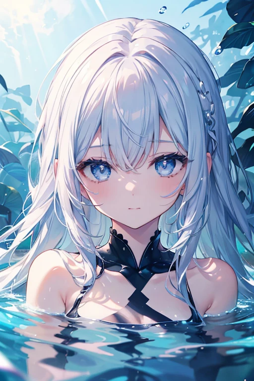 (extremely details CG、Unity、8K Wallpapers)、(extremely delicate and beautiful)、(masterpiece)、(top-quality:1.0)、(超A high resolution:1.0)、beautiful  lighting、perfect lightning bolt、realistic shadow、[hight resolution]、Detailed skin、ultra-detailliert、detailed faces and eyes、Realistic eyes、Sharp pupils、Floating in water、take a nap in the water、take a nap in the water、bluish bangs、Drifting、girl in a white dress in the deep sea、Marine life、Shine Light、underwater scene、abyssal、flowingwater