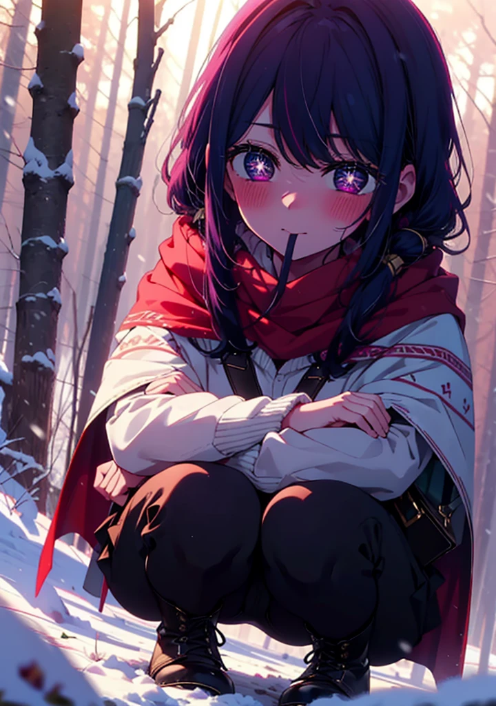 aihoshino, Ai Hoshino, Long Hair, bangs, (Purple eyes:1.1), Purple Hair, (Symbol-shaped pupil:1.5), smile,,smile,blush,white breath,
Open your mouth,snow,Ground bonfire, Outdoor, boots, snowing, From the side, wood, suitcase, Cape, Blurred, , forest, White handbag, nature, Squat, Mouth closed, Cape, winter, Written boundary depth, Black shoes, red Cape break looking at viewer, Upper Body, whole body, break Outdoor, forest, nature, break (masterpiece:1.2), Highest quality, High resolution, unity 8k wallpaper, (shape:0.8), (Beautiful and beautiful eyes:1.6), Highly detailed face, Perfect lighting, Extremely detailed CG, (Perfect hands, Perfect Anatomy),