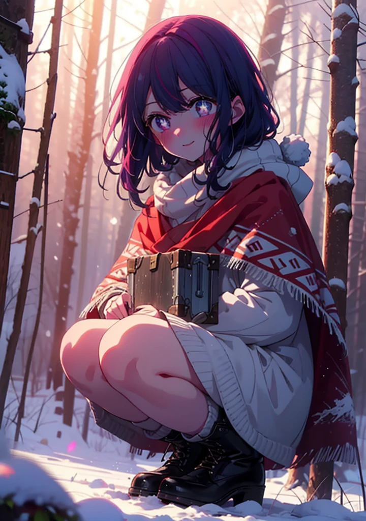 aihoshino, Ai Hoshino, Long Hair, bangs, (Purple eyes:1.1), Purple Hair, (Symbol-shaped pupil:1.5), smile,,smile,blush,white breath,
Open your mouth,snow,Ground bonfire, Outdoor, boots, snowing, From the side, wood, suitcase, Cape, Blurred, , forest, White handbag, nature,  Squat, Mouth closed, Cape, winter, Written boundary depth, Black shoes, red Cape break looking at viewer, Upper Body, whole body, break Outdoor, forest, nature, break (masterpiece:1.2), Highest quality, High resolution, unity 8k wallpaper, (shape:0.8), (Beautiful and beautiful eyes:1.6), Highly detailed face, Perfect lighting, Extremely detailed CG, (Perfect hands, Perfect Anatomy),