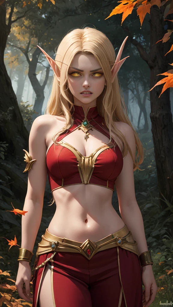 (Masterpiece, highly detailed, highly quality,  highly resolutions), SplitScreen, split screen, BREAK bldelf, angry, clenched teeth, glowing eyes, yellow eyes, Blonde hair, colored sclera, mature female, red short shirt, navel, red shoulder pad, gold trim, yellow leaves, jewelry, looking at viewer, forest, day, bare shoulders, Fall season