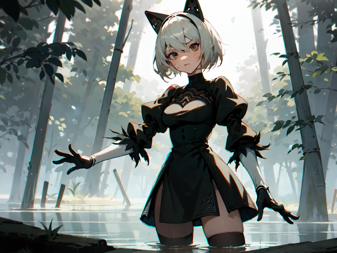 character video game Nier Automata, 2b, anthropomorphic style, fox woman, in a lake, no-hands
