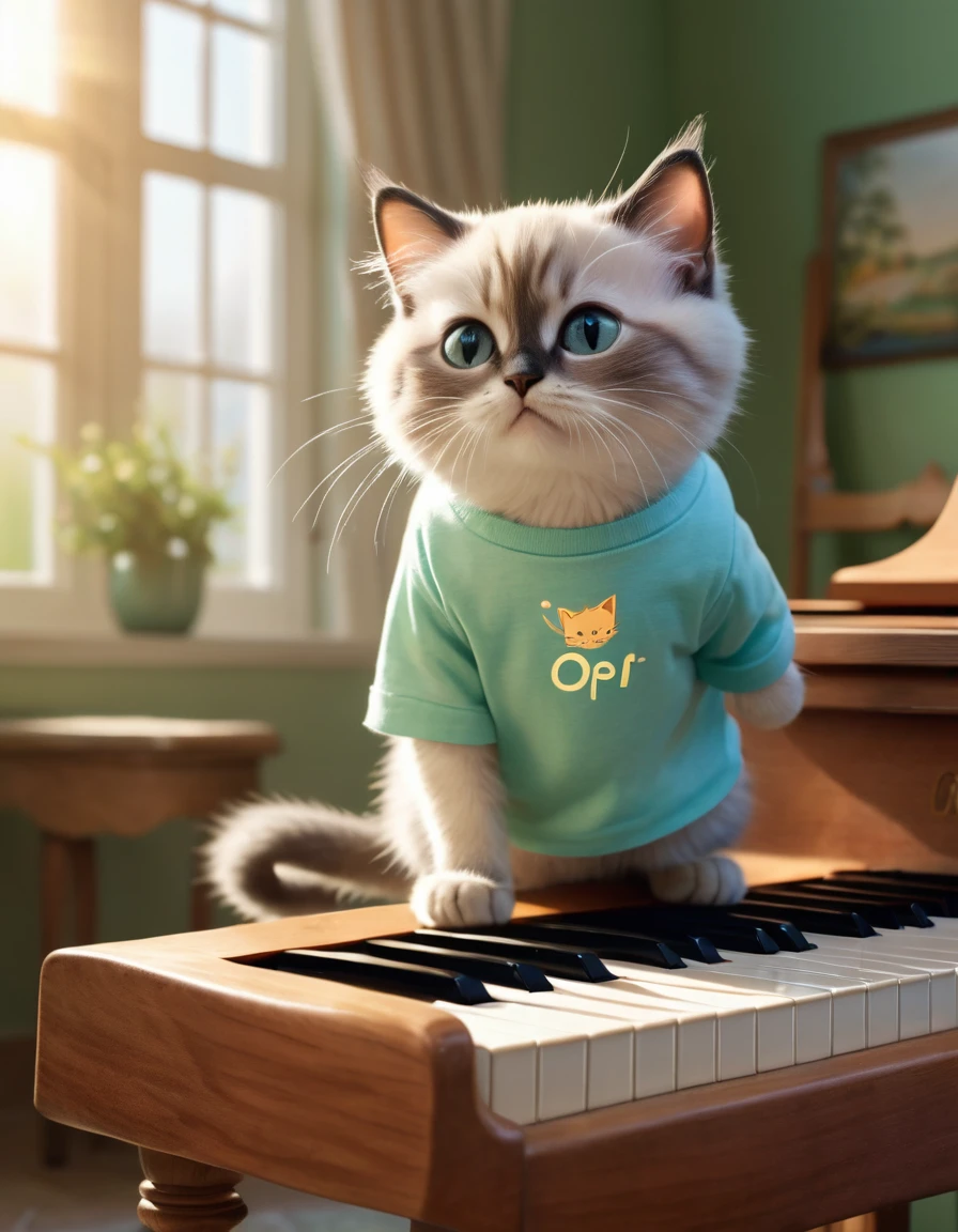An anthropomorphic image of a human kitten, Persian Siamese kitten standing on a wooden stool playing piano, a green t-shirt with "Opel" logo and short light blue pants, in a cozy room, with his hands gently placed on the piano, while appearing to direct a silent piano performance. Soft morning light streams in through the window, casting a warm glow on the scene. The cat's expression is concentrated, the whiskers move with concentration, as if lost in the melody, full HD, 8k full shot image