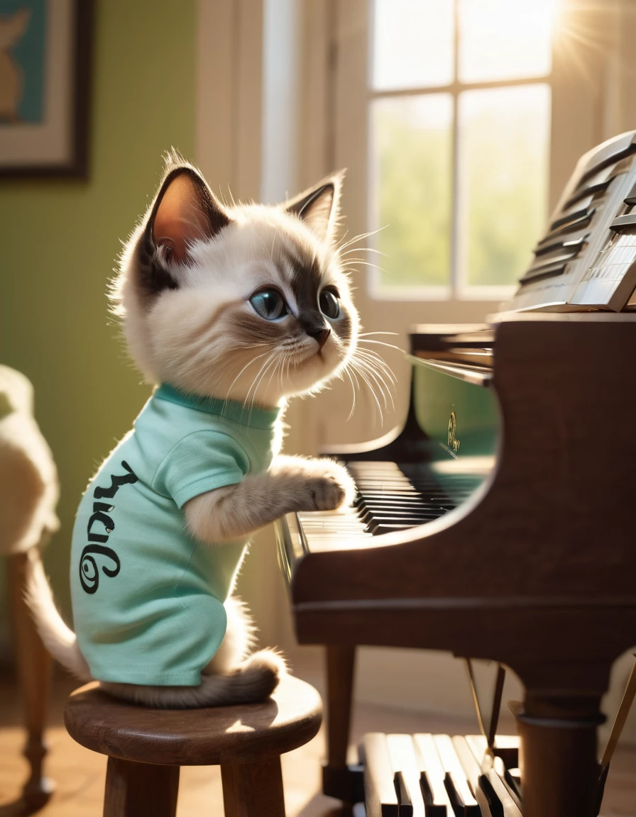 An anthropomorphic image of a human kitten, Persian Siamese kitten standing on a wooden stool playing piano, a green t-shirt with "Opel" logo and short light blue pants, in a cozy room, with his hands gently placed on the piano, while appearing to direct a silent piano performance. Soft morning light streams in through the window, casting a warm glow on the scene. The cat's expression is concentrated, the whiskers move with concentration, as if lost in the melody, full HD, 8k full shot image