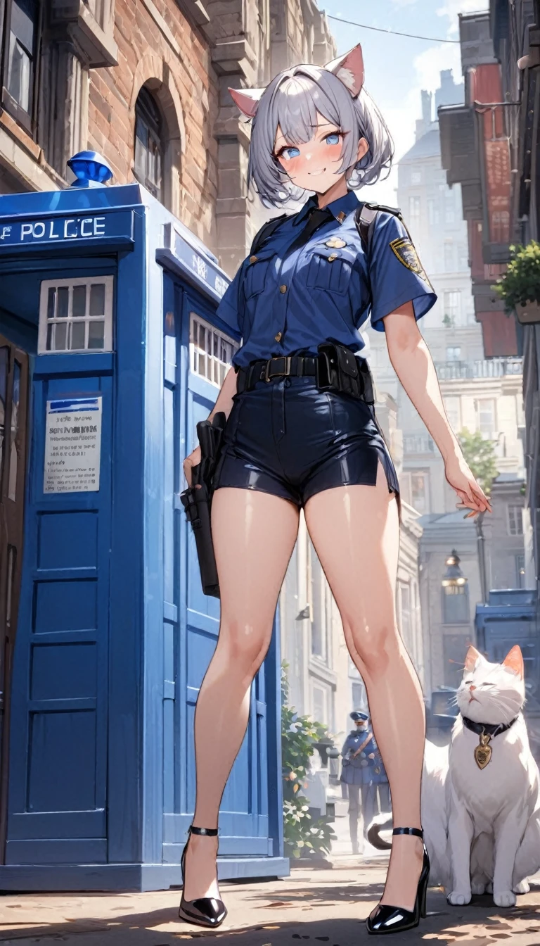 1girl、(((best quality)), ((masterpiece)), (details), masterpiece, best quality, high quality, ulutra detailed, perfect face, ((1girl, Blue eyes, cat ears: 1.3 silver bob hair: 2.5,)) 、Shiny Hair、Glowing Skin、blush、Lustful look、whole body、Police Officer Costume、Police officer shorts、Shoulder Holster、Black stiletto heels、Embarrassed smile、Touring with cats、police box、Police Station Background、whole body