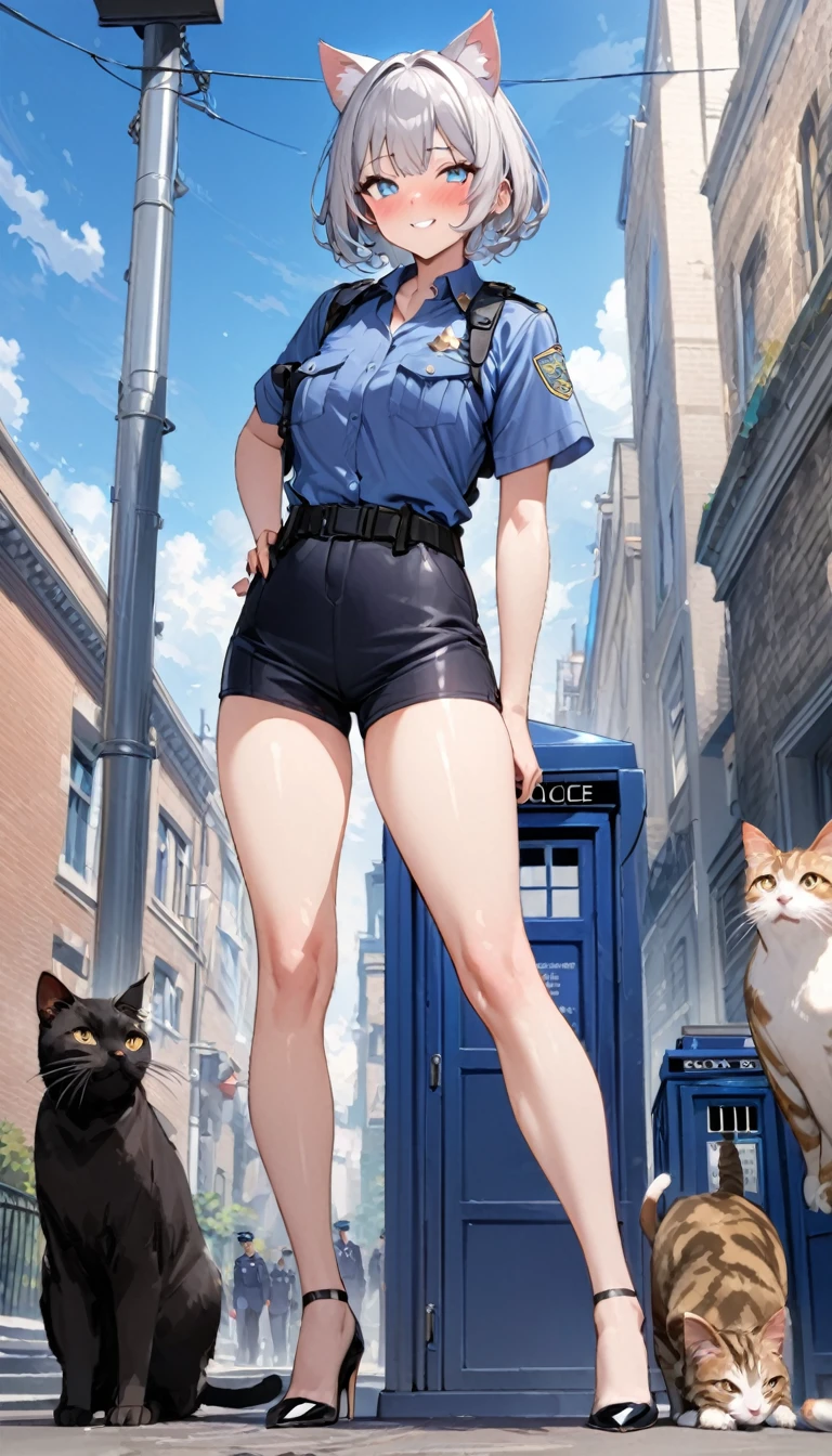 1girl、(((best quality)), ((masterpiece)), (details), masterpiece, best quality, high quality, ulutra detailed, perfect face, ((1girl, Blue eyes, cat ears: 1.3 silver bob hair: 2.5,)) 、Shiny Hair、Glowing Skin、blush、Lustful look、whole body、Police Officer Costume、Police officer shorts、Shoulder Holster、Black stiletto heels、Embarrassed smile、Touring with cats、police box、Police Station Background、whole body