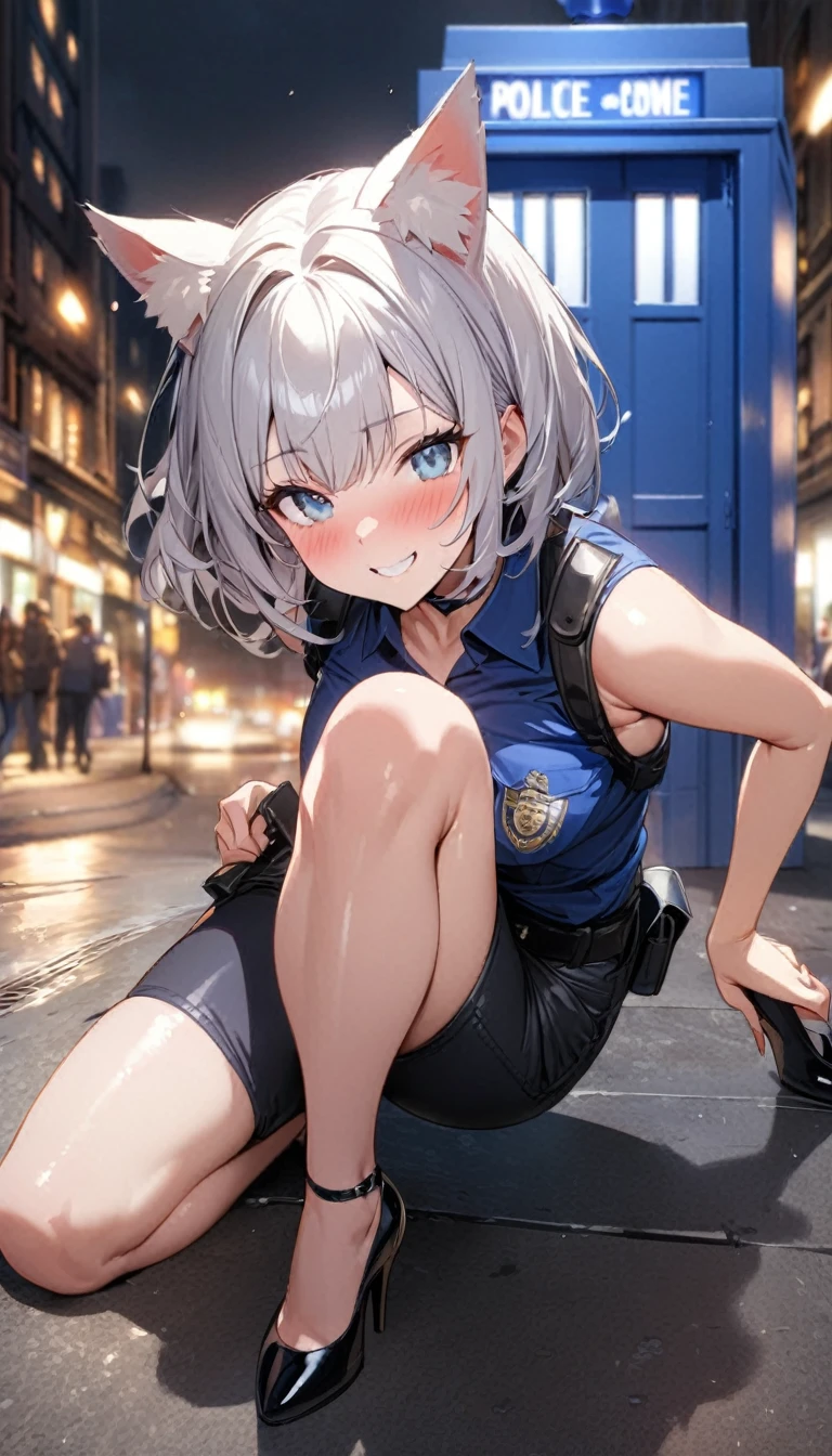 1girl、(((best quality)), ((masterpiece)), (details), masterpiece, best quality, high quality, ulutra detailed, perfect face, ((1girl, Blue eyes, cat ears: 1.3 silver bob hair: 2.5,)) 、Shiny Hair、Glowing Skin、blush、Lustful look、whole body、Police Officer Costume、Police officer shorts、Shoulder Holster、Black stiletto heels、Embarrassed smile、Touring with cats、police box、Police Station Background、whole body