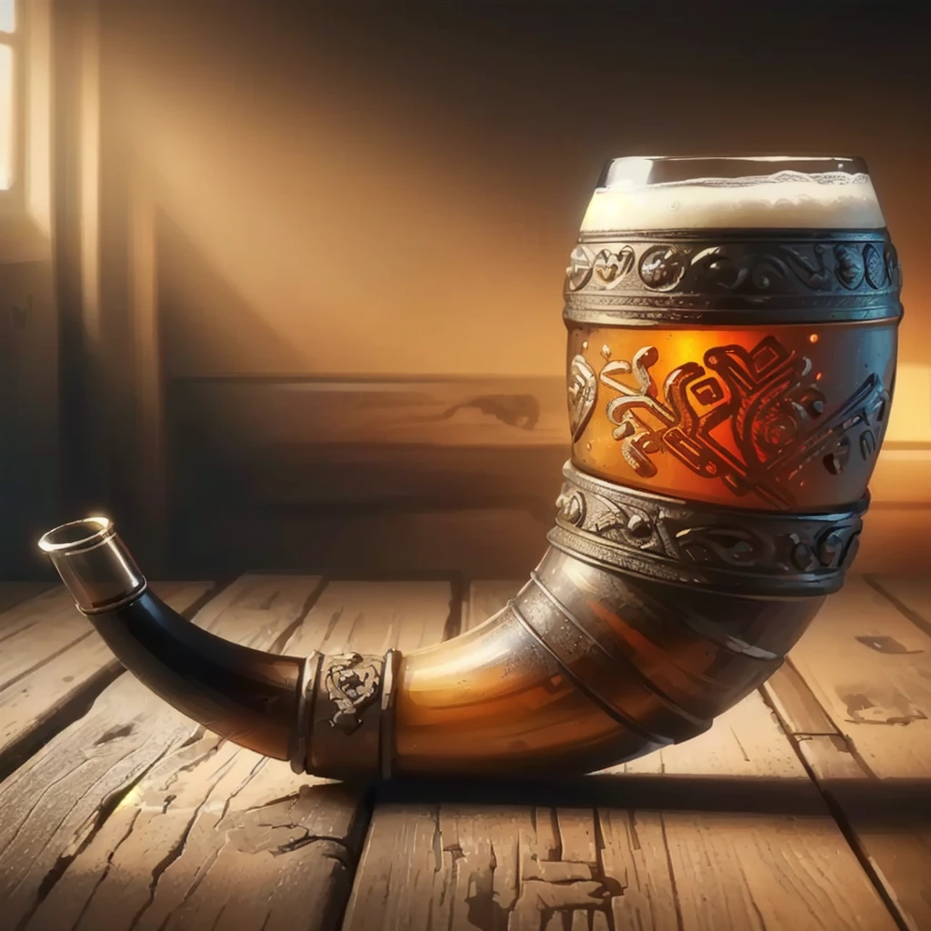 a close up of a pipe with a glass of beer on a table, Photorealistic concept art, Hyperrealistic concept art, hyperrealism conceptual art, amazing photorealistic graphics, pipe, Lt. Adam Marczyński, ultra realistic concept art, Ultra-realistic concept art, Hyper-realistic detailed rendering, Amazing craftsmanship, horn, Ultra - realistic and detailed