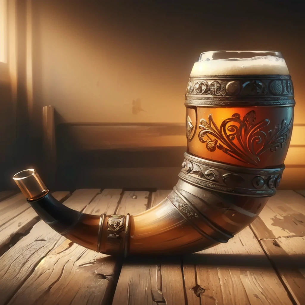 a close up of a pipe with a glass of beer on a table, Photorealistic concept art, Hyperrealistic concept art, hyperrealism conceptual art, amazing photorealistic graphics, pipe, Lt. Adam Marczyński, ultra realistic concept art, Ultra-realistic concept art, Hyper-realistic detailed rendering, Amazing craftsmanship, horn, Ultra - realistic and detailed