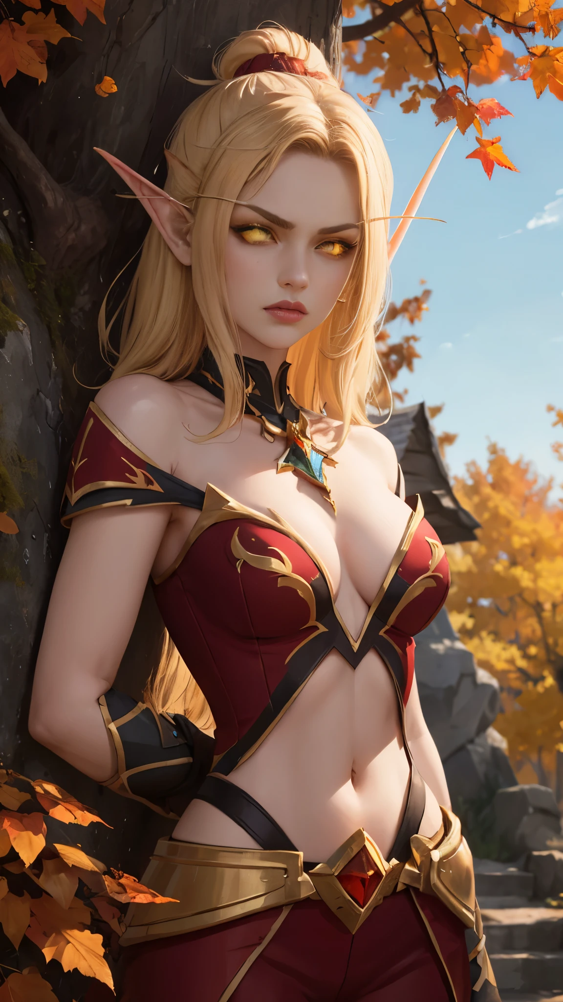 (Masterpiece, highly detailed, highly quality, highly resolutions), SplitScreen, split screen, BREAK bldelf, angry, clenched teeth, glowing eyes, yellow eyes, Blonde hair, colored sclera, mature female, red short shirt, navel, red shoulder pad, gold trim, yellow leaves, jewelry, looking at viewer, forest, day, bare shoulders, Fall season