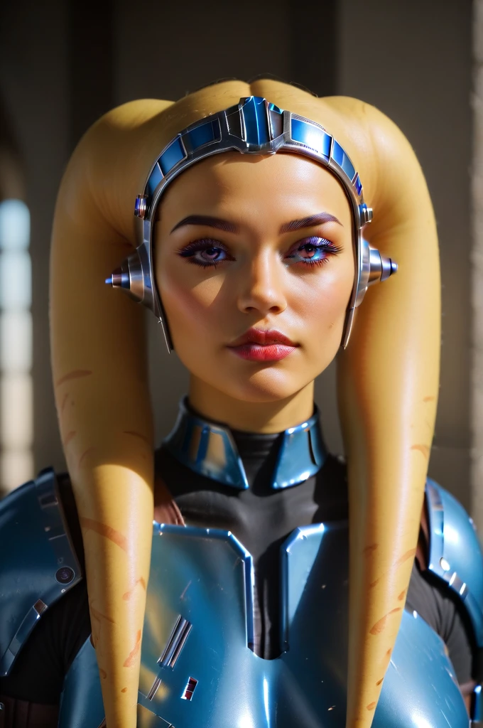 a female twi'lek mandalorian, beautiful detailed eyes, beautiful detailed lips, extremely detailed face, long eyelashes, mandalorian armor, sci-fi, cinematic lighting, dramatic, epic, intricate details, hyper-realistic, 8k, high-quality, photorealistic