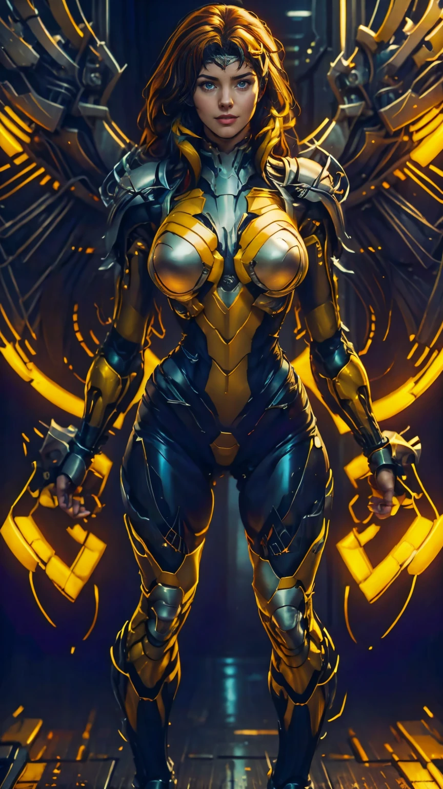 ((Full body shot, standing, feet on the ground)) Rogue, X-Men, (best quality, 4k, 8k, high resolution, cyclist body, masterpiece: 1.2), ultra-detailed, (realistic, photorealistic, photorealistic: 1.37), full body photo, yellow high boots, voluminous hair, beauty pose, standing, show feet, outside, city roof at night, green bandana
