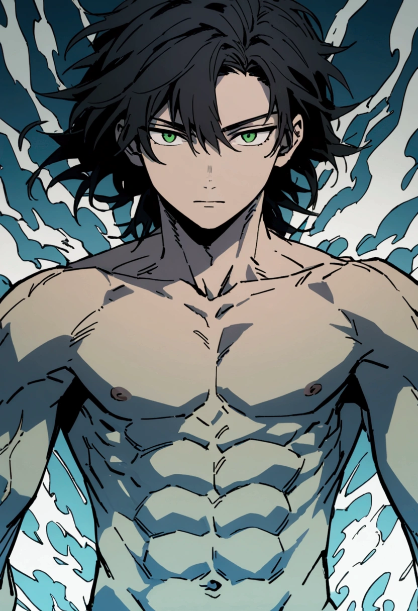 He is a 17 year old ager, He has slightly disheveled very black hair..., somewhat light green eyes, muscular body , he is shirtless , Front view of the body