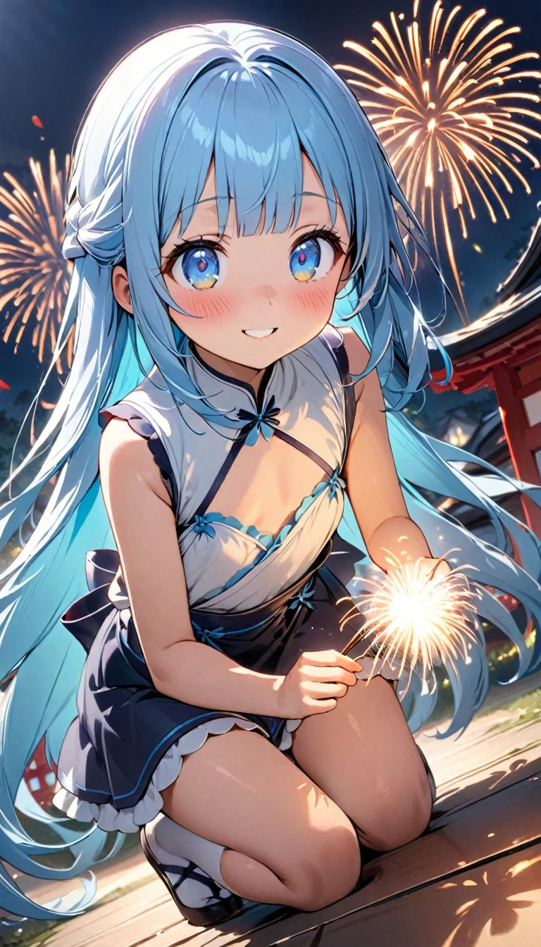 masterpiece, best quality, extremely detailed, (illustration, official art:1.1), 1 girl ,(((( light blue long hair)))), ,(((( light blue long hair)))),light blue hair, , long hair ((blush)) , cute face, big eyes, masterpiece, best quality,(((((a very delicate and beautiful girl))))),Amazing,beautiful detailed eyes,blunt bangs((((little delicate girl)))),tareme(true beautiful:1.2), sense of depth,dynamic angle,,,, affectionate smile, (true beautiful:1.2),,(tiny 1girl model:1.2),)(flat chest) ,Seitenansicht einer Frau mit japanischem Pferdeschwanz, who is crouching down holding a firework