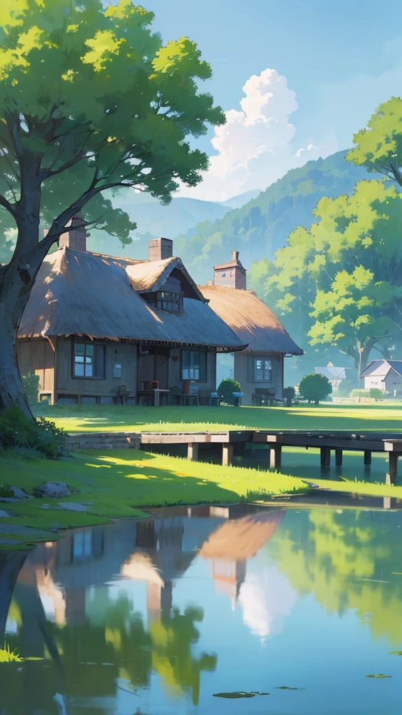 a painting of a house with a thatched roof and a boat in the water, idyllic cottage, anime countryside landscape, very beautiful scenery, detailed painting 4 k, scenery wallpaper, peaceful landscape, cottagecore!!, detailed scenery —width 672, scenery art detailed, beautiful anime scenery, cottage town, scenery artwork, anime scenery