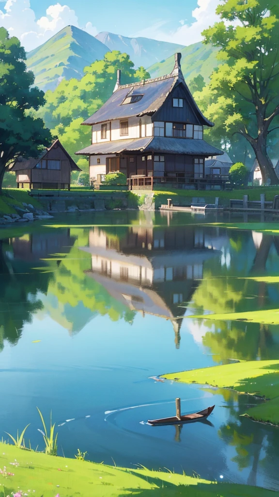 a painting of a house with a thatched roof and a boat in the water, idyllic cottage, anime countryside landscape, very beautiful scenery, detailed painting 4 k, scenery wallpaper, peaceful landscape, cottagecore!!, detailed scenery —width 672, scenery art detailed, beautiful anime scenery, cottage town, scenery artwork, anime scenery