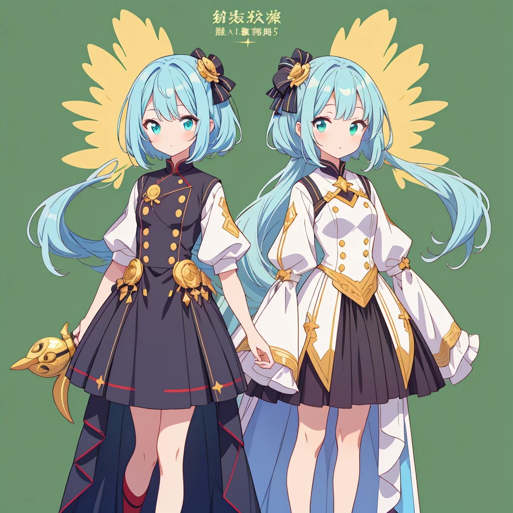 girl、Star Fairy、Star incarnation、Character design front view、A picture facing the viewer、(((Super detailed、Highest quality、Masterpiece)))、Original cute hairstyle、Milky white and blue hair color、Anime Girls, All Black Uniform, Gold Button, Long skirt, Small breasts, stoic, thin, Calm, The gold lines on the skirt are complicated., Simple Green Background、vtuber-fullbody,