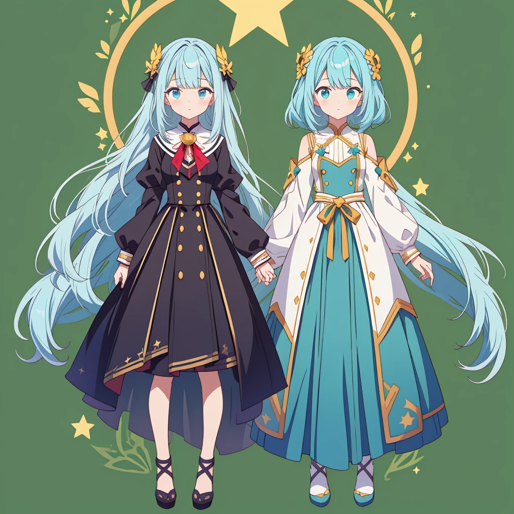 girl、Star Fairy、Star incarnation、Character design front view、A picture facing the viewer、(((Super detailed、Highest quality、Masterpiece)))、Original cute hairstyle、Milky white and blue hair color、Anime Girls, All Black Uniform, Gold Button, Long skirt, Small breasts, stoic, thin, Calm, The gold lines on the skirt are complicated., Simple Green Background、vtuber-fullbody,