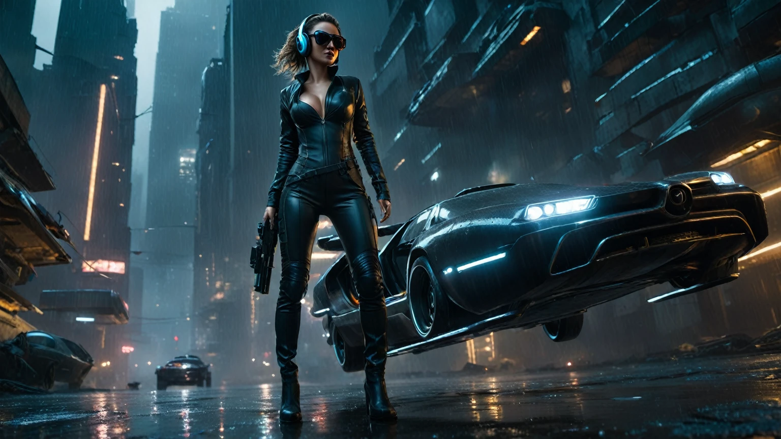 (aerial view, a flying car is speeding through a very dark abandoned futuristic city), rainy night. (((1girl, solo, alone))), large-breast:1.2 slim body, cleavage:1.1, sexy mechanic suit, (((headphone, black sunglasses, standing and holding pistol:1.8 dynamic pose))), (((((half-body thigh level medium shot))))), cinematic lighting, lens flare, ray tracing.