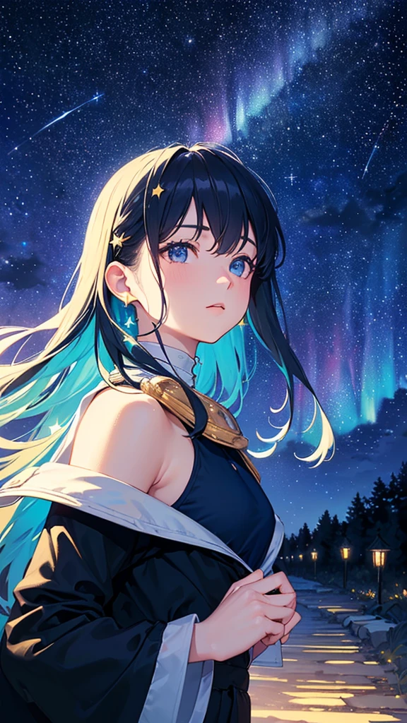 ((masterpiece))、((Highest quality))、((Realistic feel))、((A starry path leading to the starry sky:1.6))、Pastel-toned landscape、Pitch Black、The scenery sways、My mind wanderoonlight shines、Immersion、Cool blue shade、1By people、The sky is high、Aurora Color Spectrum、Dim and dim、High Contrast、Super beautiful graphics