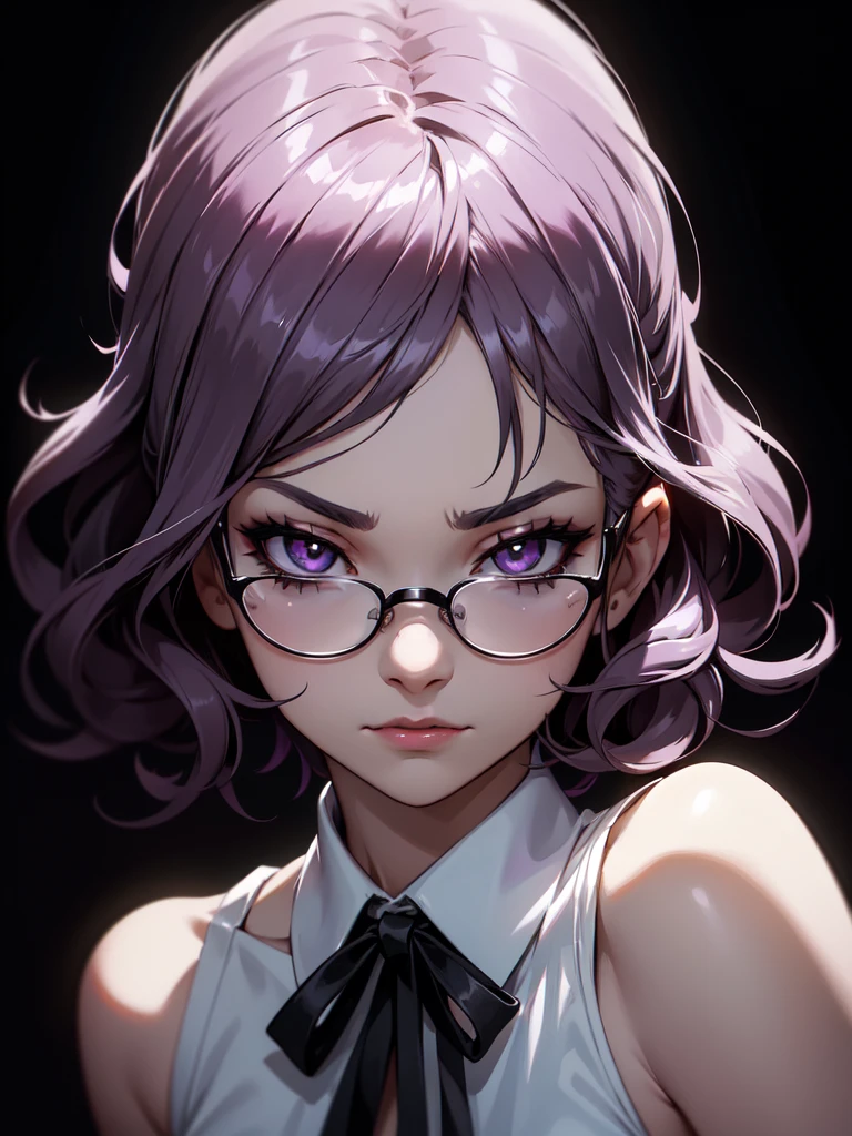 (((Portrait Photo))), She has a Fierce and Elegant Appearance of a 16-Year-Old, with a and Delicate Build that Radiates Grace. Her Short, Wavy Lavender Hair Frames Her Face with a Soft and Enchanting Glow, Enhancing Her Youthful and Sinister Aura. Her Large, Vivid Dark Eyes are Filled with a Sense of Hatred and Strong Determination. She is Dressed in a Stylish Sleeveless White Top Adorned with a Black Ribbon Tied Around Her Neck, Accompanied by a Glasses. Her Expression is Calm and Composed, with a Hint of Hatred and Subtle Strength, Reflecting Her Serene yet Agressive Personality. (((High Quality, Dark Background))), (((Portrait Photo)))