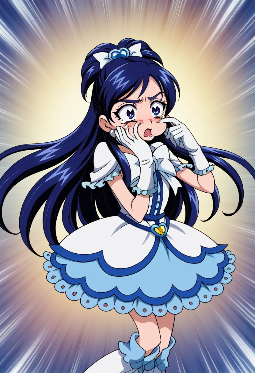 cure white, anime style, detailed hair and costume, long flowing blue hair, white and blue frilly dress, white gloves and boots, holding her ears with both hands, blushing cheeks, in pain, suffering from enemy's sonic attack, dynamic and intense scene, background with sound waves,masterpiece, Highest quality,, Highly detailed background, Perfect lighting, (beautiful, Highest quality:1.1), masterpiece, Perfect Eyes, (beautiful), (erotic:1.2)