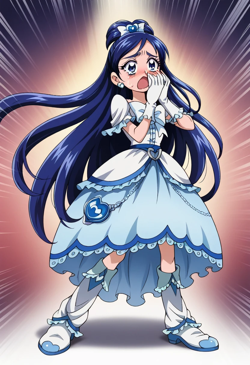 cure white, anime style, detailed hair and costume, long flowing blue hair, white and blue frilly dress, white gloves and boots, holding her ears with both hands, blushing cheeks, in pain, suffering from enemy's sonic attack, dynamic and intense scene, background with sound waves,masterpiece, Highest quality,, Highly detailed background, Perfect lighting, (beautiful, Highest quality:1.1), masterpiece, Perfect Eyes, (beautiful), (erotic:1.2) 