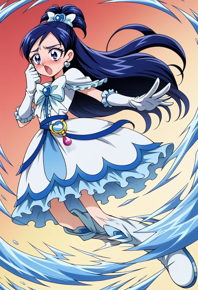 cure white, anime style, detailed hair and costume, long flowing blue hair, white and blue frilly dress, white gloves and boots, holding her ears with both hands, blushing cheeks, in pain, suffering from enemy's sonic attack, dynamic and intense scene, background with sound waves,masterpiece, Highest quality,, Highly detailed background, Perfect lighting, (beautiful, Highest quality:1.1), masterpiece, Perfect Eyes, (beautiful), (erotic:1.2) 