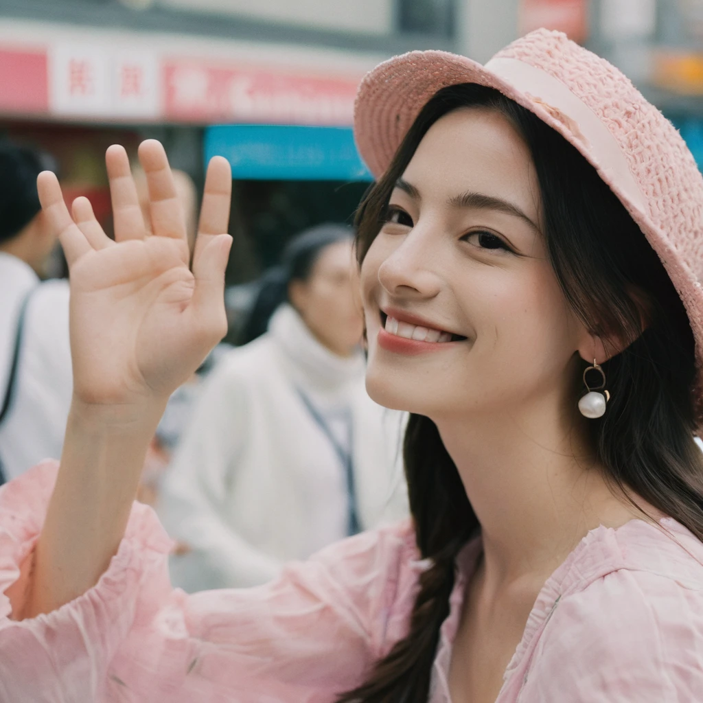 Close up Portrait photo of a beautiful face Japanese kawaii woman,still from the film, (Anne Hathaway look alike face: 0.9), happy smile, cute brunette girl in streetwear in Shinjuku, summer, pastel colors, Leica SL3, Summicron-SL 75 f/2 ASPH, Kodak Gold 200 film, silhouette, shallowed depth of field, dynamic hands up,