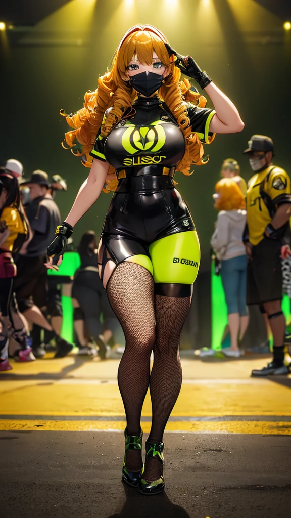 girl, golden hair, curly hair, hip hop clothing, swat vest, smile mask, street gang style, fishnet stockings, street gangster pose, thick thighs, dark lighting, fluorescent yellow, fluorescent green, night disco background, laser lights, high definition, full body focus.