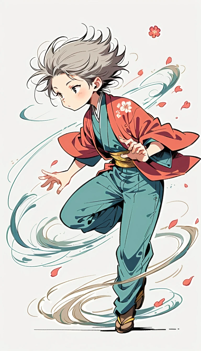 white background, Fujichoco style, kimono, (((the coolest man))), gray hair, ((plum blossom petals, wind)), simple background, Simple line initialism, full body,