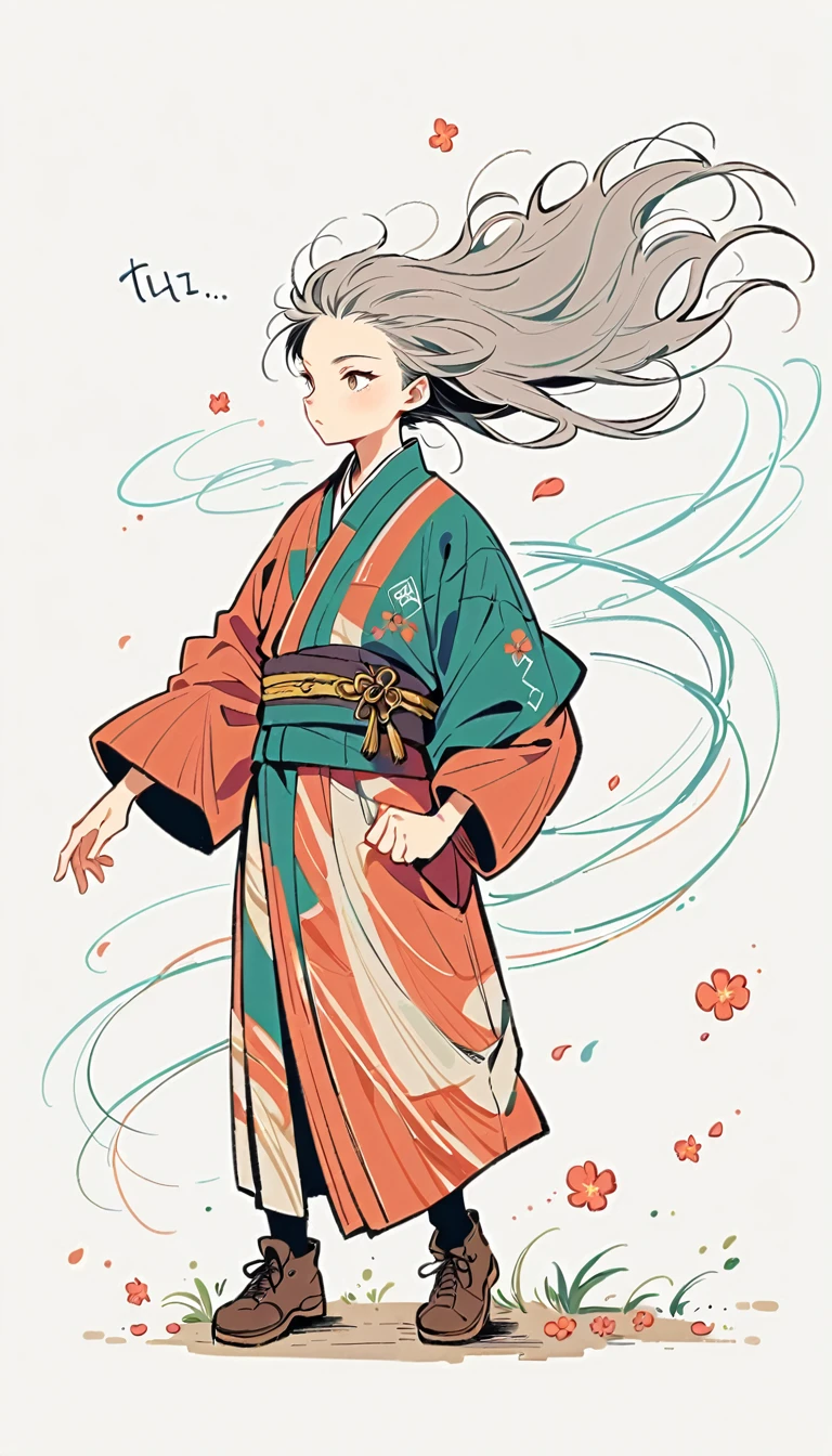 white background, Fujichoco style, kimono, (((the coolest man))),  gray hair, ((plum blossom petals, wind)), simple background, Simple line initialism, full body, 