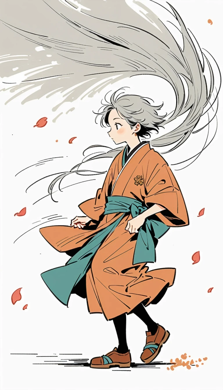white background, Fujichoco style, kimono, (((the coolest man))),  gray hair, ((plum blossom petals, wind)), simple background, Simple line initialism, full body, 