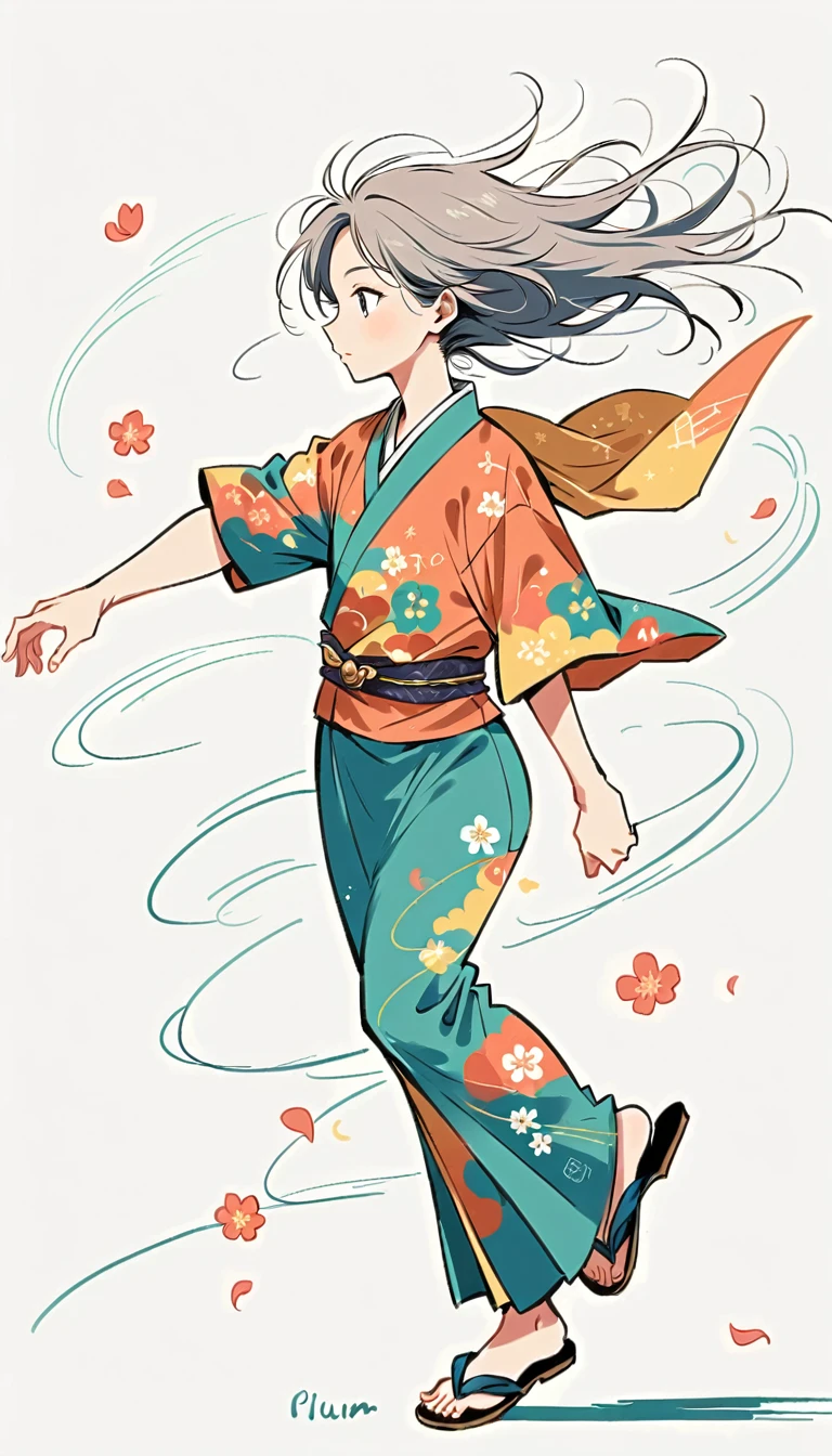 white background, Fujichoco style, kimono, (((the coolest man))),  gray hair, ((plum blossom petals, wind)), simple background, Simple line initialism, full body, 