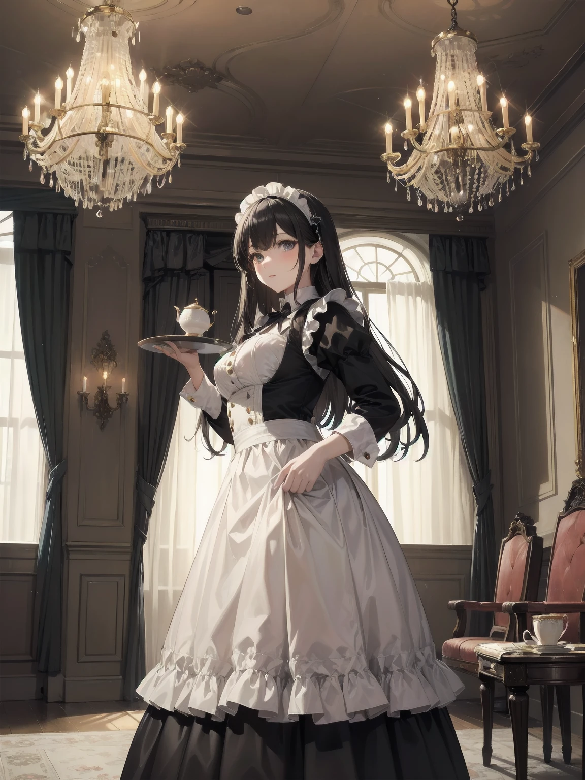 Illustration of a beautiful girl in a cute pose,(Masterpiece: 1.2), (Best quality: 1.2), A cute girl with long black hair, dressed in a classic black and white maid outfit with frilly lace and a matching headband, is standing in a beautifully decorated Victorian-style parlor. She is holding a silver tray with a teapot and teacup, her expression a mix of professionalism and warmth. The background includes ornate furniture, a chandelier, and large windows with heavy drapes, all bathed in soft afternoon light. This illustration emphasizes the elegant and welcoming atmosphere of a high-class tea service