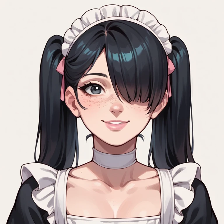 score_9,score_8_up,score_7_up,score_6_up,score_5_up,score_4_up,
1girl, pretty girl, black hair, in twintails, hair over 1 eye, cute nose. Smiling, seductive, white choker, pink lips, freckles, maid outfit