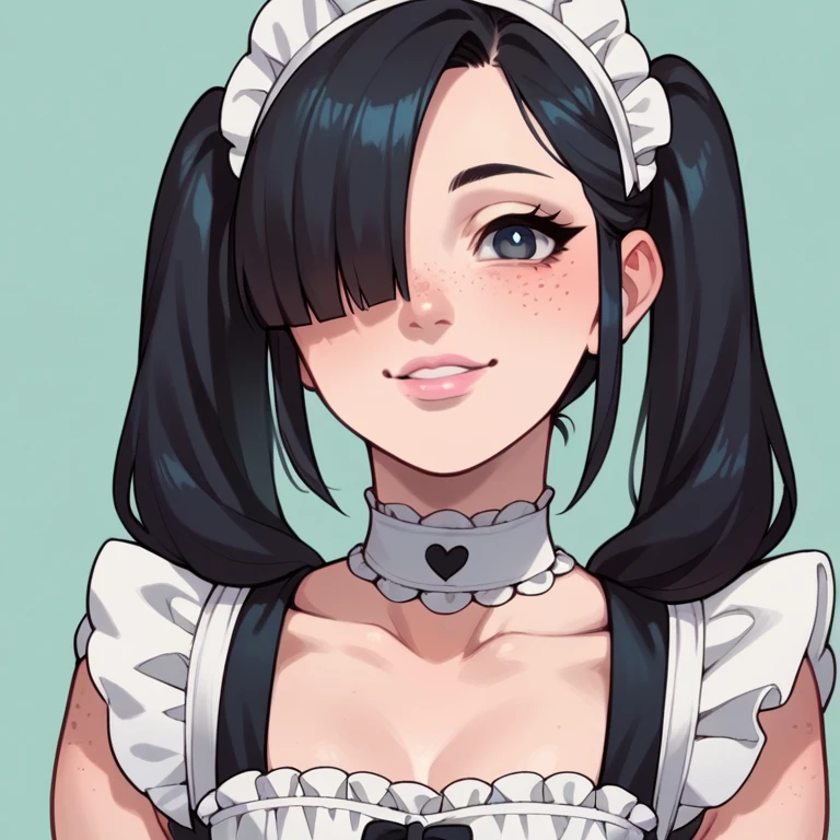 score_9,score_8_up,score_7_up,score_6_up,score_5_up,score_4_up,
1girl, pretty girl, black hair, in twintails, hair over 1 eye, cute nose. Smiling, seductive, white choker, pink lips, freckles, maid outfit