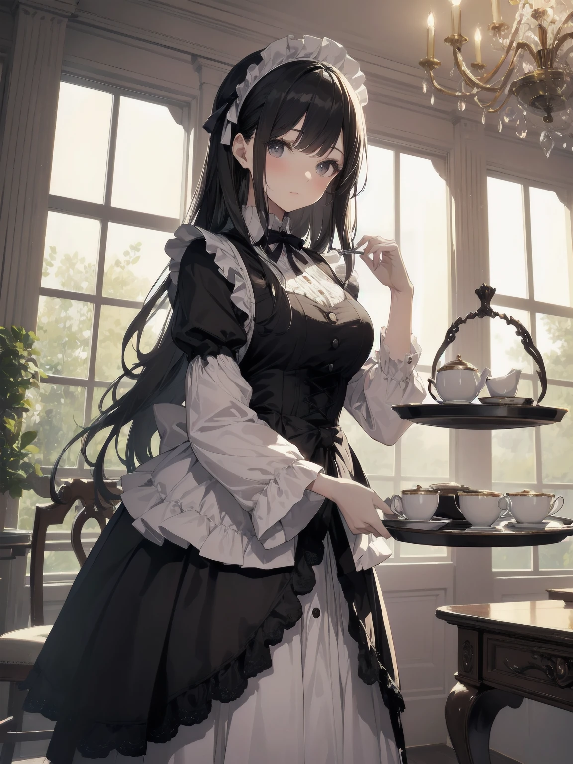 Illustration of a beautiful girl in a cute pose,(Masterpiece: 1.2), (Best quality: 1.2), A cute girl with long black hair, dressed in a classic black and white maid outfit with frilly lace and a matching headband, is standing in a beautifully decorated Victorian-style parlor. She is holding a silver tray with a teapot and teacup, her expression a mix of professionalism and warmth. The background includes ornate furniture, a chandelier, and large windows with heavy drapes, all bathed in soft afternoon light. This illustration emphasizes the elegant and welcoming atmosphere of a high-class tea service