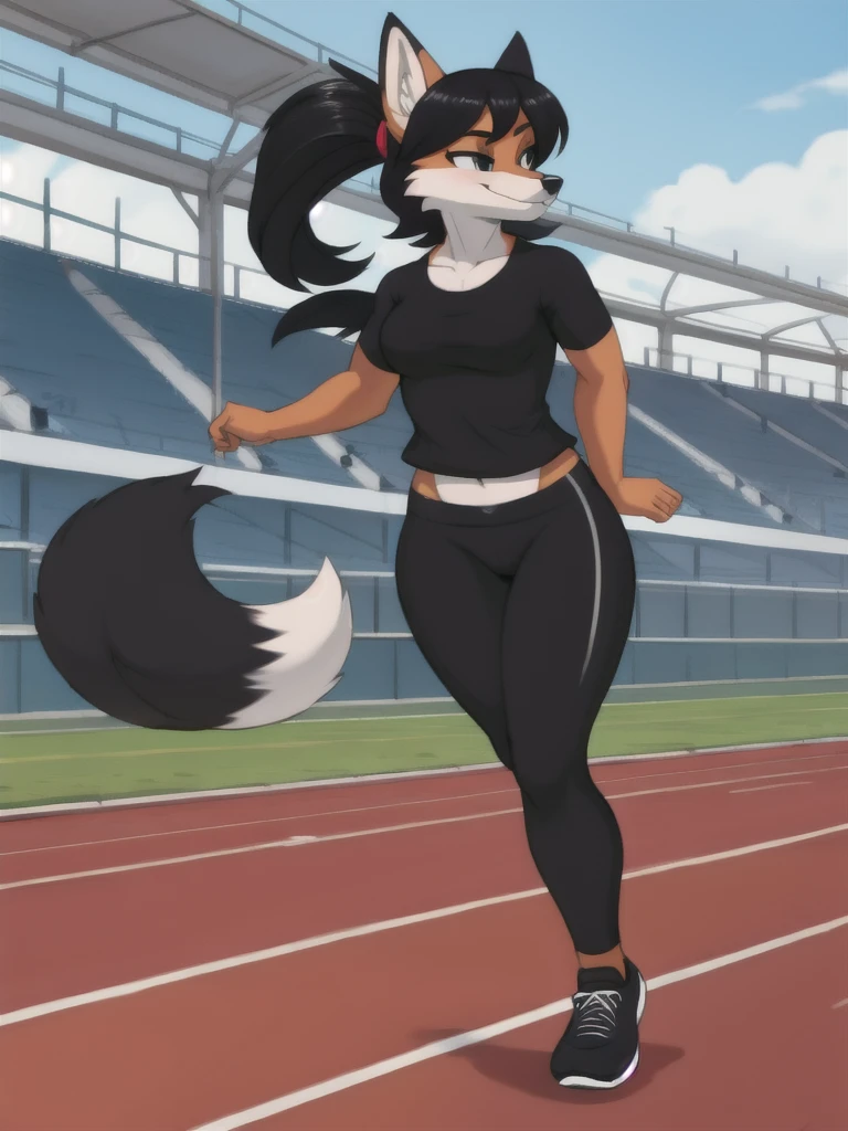 Furry, fox, female, black shirt, black leggings, shoes, running track, solo, full body