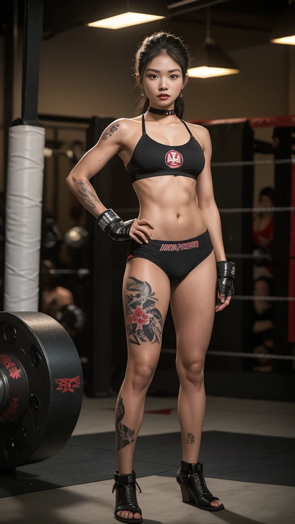 Beautiful Thai-Melanesian woman, (), Mixed Martial Arts Trainer, (Cotton bra and panties), (MMA gloves ), Fit body, (Muscle:1.2), Athletic feminine body, Female fitness model body, Private MMA octagon background, Masterpiece, Perfect lighting, Ultra high resolution, 8K, She trains men in MMA for a living, She is an exceptional MMA fighter, Hard toned feminine body,, Long ponytail, (Smiling sexy for the camera:0.7), (Very sexy pose), (Holding a large Gatling gun in her hands, Standing with a Gatling gun in her hands:1.3), (Tattoos, Japanese tattoos all over body:1.5), Red lips, Red high heels, Choker, Necklace, Earrings, (Very detailed:1.4), View from the front, Looking at the camera, Pensive expression,