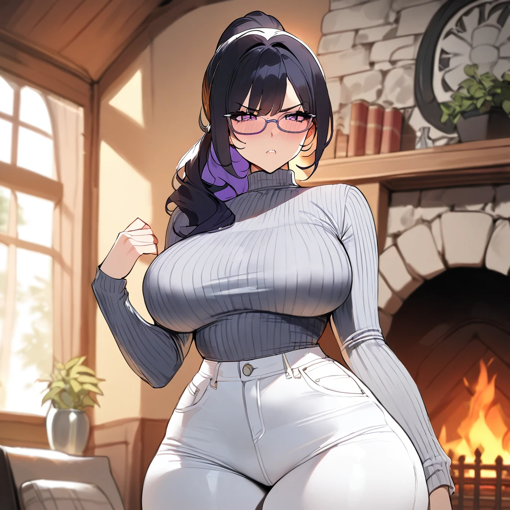 (best quality,masterpiece) ,1 girl, modest breasts, wide hips,thick thighs, ponytail, yet black hair narrow waist,white jeans,gray turtle neck, big glases, stern expression,slim body, purple eyes, fireplace background,nerdy