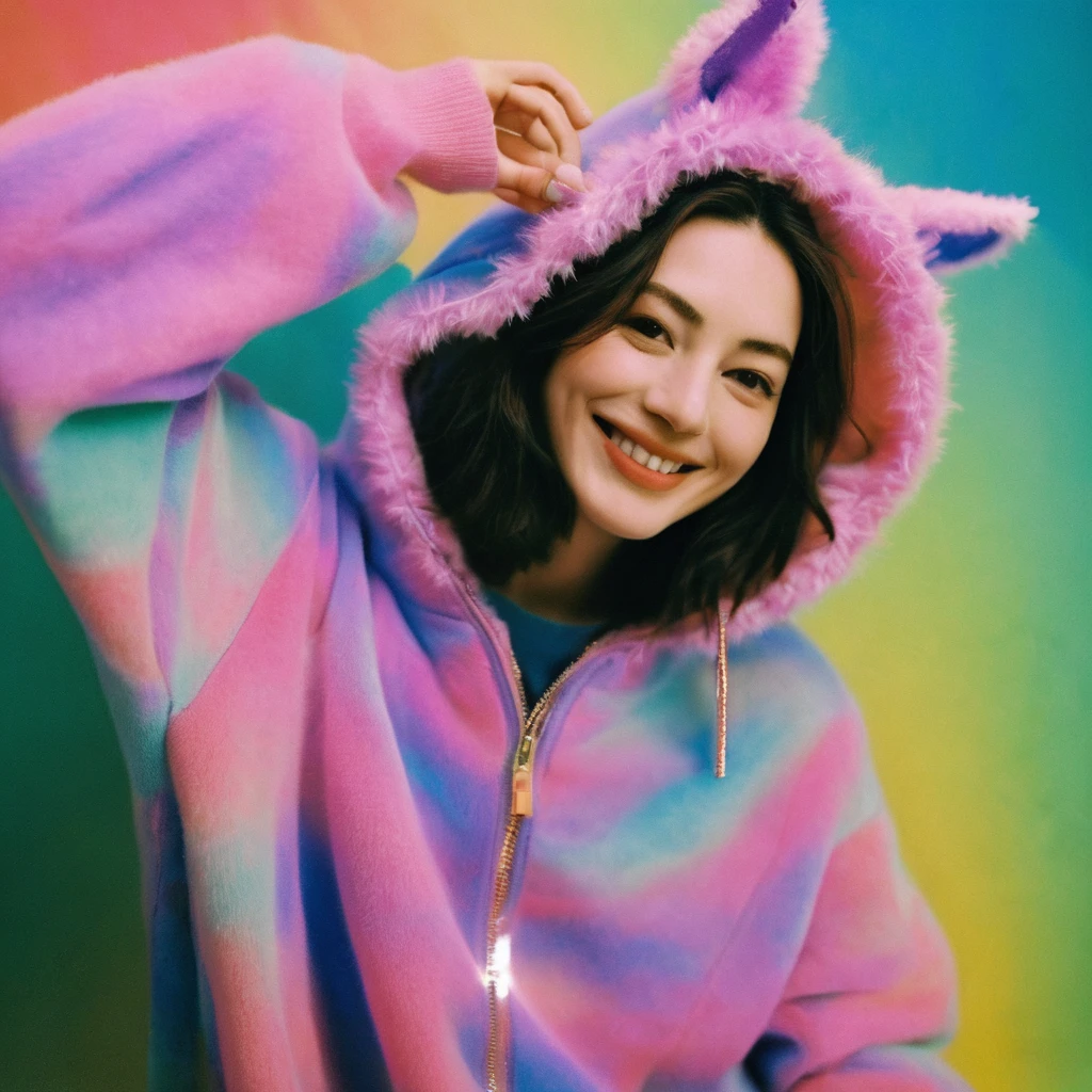 Realistic photo of a beautiful face Japanese Mechanical woman,still from the film, (Anne Hathaway look alike face: 0.9), happy smile, wearing cute animal hoodie, playful posture, full body, neon holographic, prismatic, PVC, Vinyl, fine luster, pastel color background, Leica SL3, Summicron-SL 75 f/2 ASPH, Kodak Gold 200 film, silhouette, shallowed depth of field, dynamic hands up,