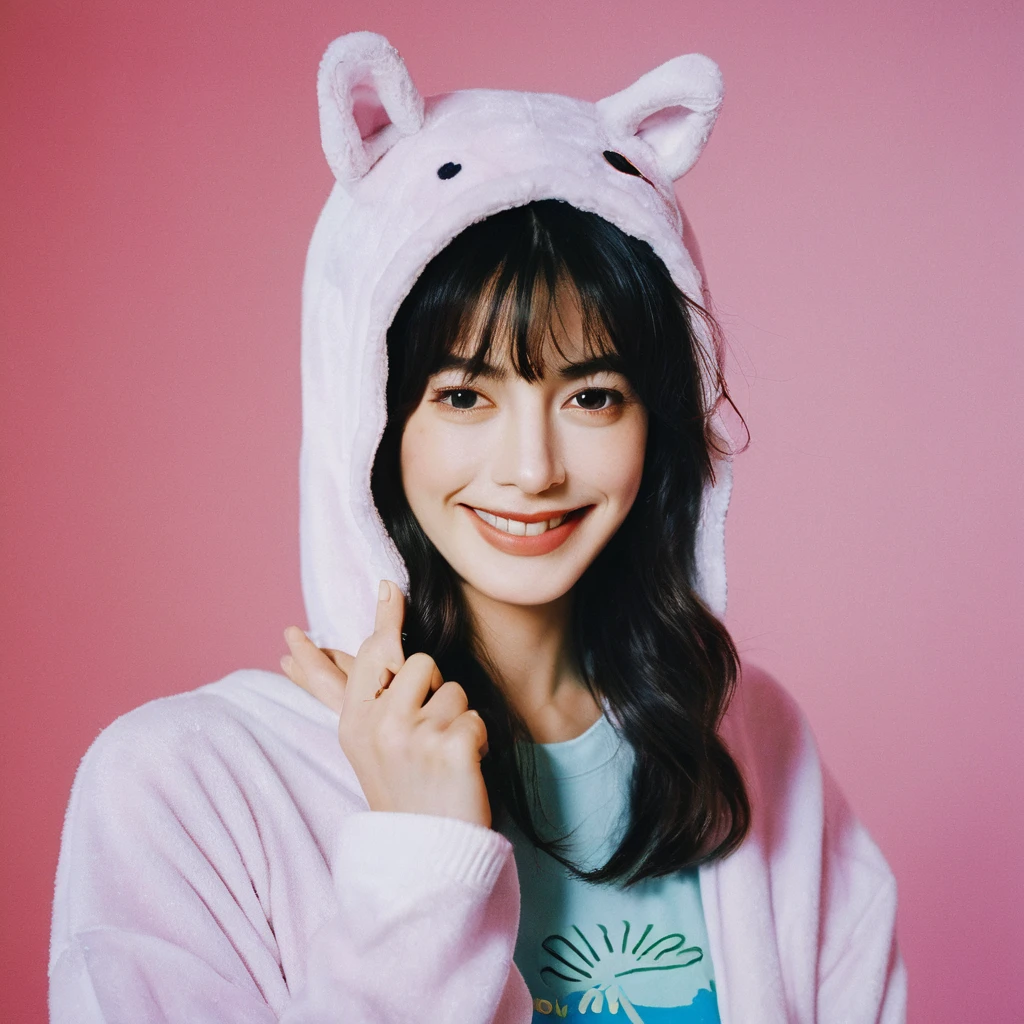 Realistic photo of a beautiful face Japanese Mechanical woman,still from the film, (Anne Hathaway look alike face: 0.9), happy smile, wearing cute animal hoodie, playful posture, full body, neon holographic, prismatic, PVC, Vinyl, fine luster, pastel color background, Leica SL3, Summicron-SL 75 f/2 ASPH, Kodak Gold 200 film, silhouette, shallowed depth of field, dynamic hands up,