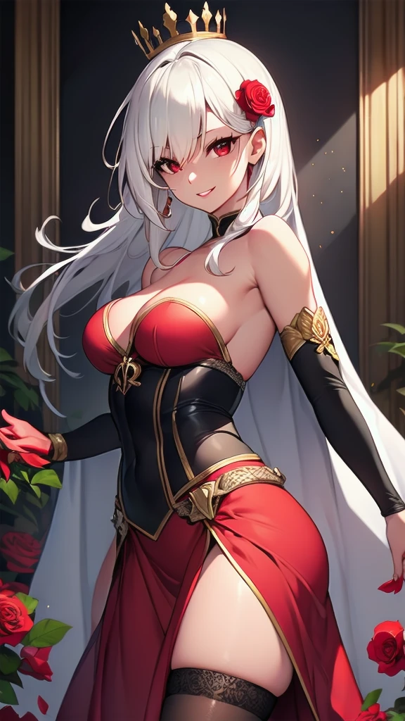 masterpiece, best quality, solo girl, white hair, red eyes, long hair, medium breasts, sexy body and face, wavy hair, smile, parted lips, red lips, ribbon, crown of thorns, thorns, (red cape, dress flower), detached sleeves, hair flower, hair ornament, long sleeves, black corset, long skirt, red dress, rose, strapless dress, long skirt, thighhighs, thighlet, red nails, dress flower, black thighhighs, mksks style, beautiful background, orchestra, indoors, sexy pose, cowboy shots, sharp focus, ultra-detailed body, face, and eyes, vibrant, creative, dynamic, high definition, high resolution, 8k, (Upscale: R-ESRGAN 4x+ Anime6mage enchance:4x), voluptuous body, cinema lighting, looking at the viewer, (realistic:1.4), (beautiful detailed face, beautiful detailed eyes, volumetric lighting), 